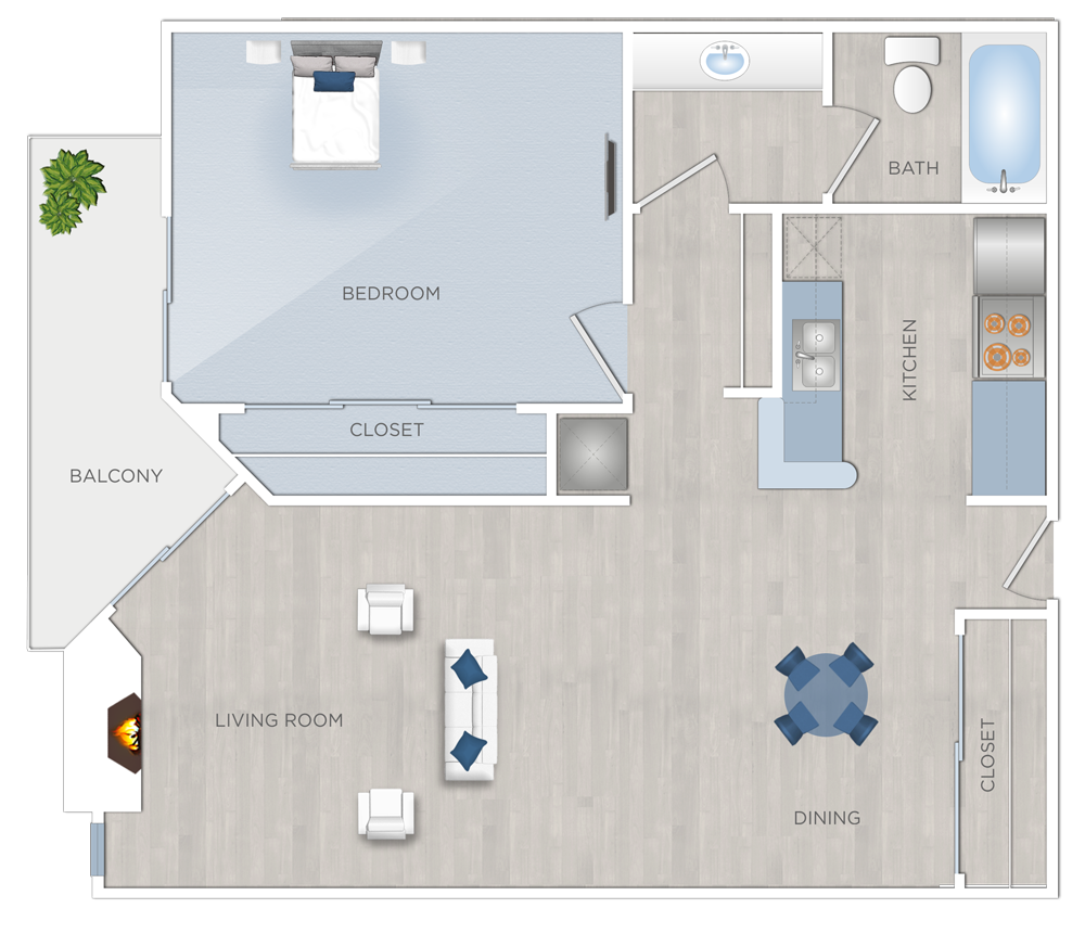 Floor plan for 1 bed, 1 bath, 728 sqft